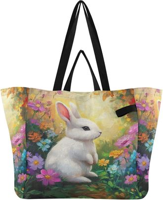 Generic Rabbit Flowers Pink print Reusable Canvas Tote Bag, Heavy Duty Grocery Shopping Bag with Large Capacity Double Handles Hard Bottom Work Groceries Trav