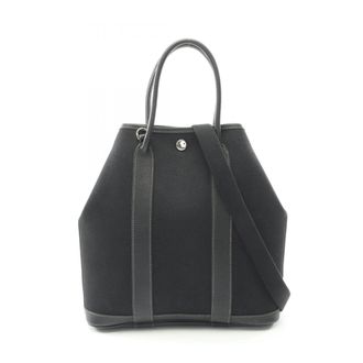 Herm&egrave;s Black Toile Officier Leather Handbag Tote Bag (Pre-Owned)