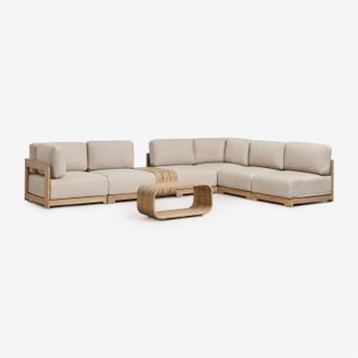 Sklum Conjunto De Jard&iacute;n Con Sof&aacute; Modular Rinconera De 6 Piezas, Mesa Auxiliar Y Mesa De Centro En Madera De Acacia Brivori Sklum