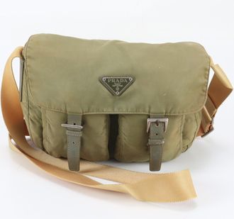Prada Green Khaki Leather Nylon Messenger Bag Shoulder Bag (Pre-Owned)