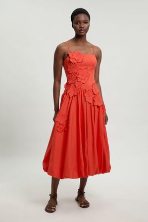 Karen Millen Womens Cotton Linen 3D Floral Bubble Hem Midi Dress - Red - Size 10 UK
