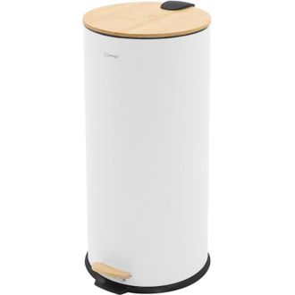 ML Design Ml-design Cubo De Basura Con Pedal Papelera Redonda 30l Acabado De Acero Inoxidable Blanco Y Tapa De Bamb&uacute; Con Cierre Suave, Interior Extra&iacute;ble Dise&ntilde;o