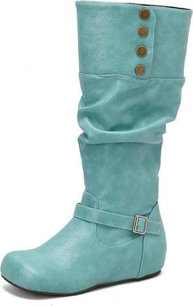 Generic Womens Round Toe PU Leather Knee High Boot Wedge Heel Long Boots with Buckle Pull on Retro Tall Boots,Green,10.5 UK