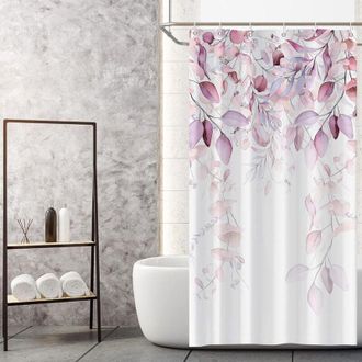 OEM Cortina De Ducha Con Estampado De Hojas Rojas, Juego De Cortinas De Ba&ntilde;o Con Motivos Bot&aacute;nicos Primaverales En Rojo Salvia Con Ganchos - Crezuo
