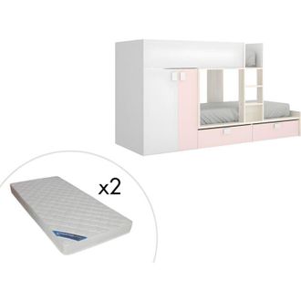 Vente-Unique Vente-unique - Letto a castello 2 x 90 x 190 cm - Armadio integrato - Bianco, Naturale e Rosa + materasso - juanito