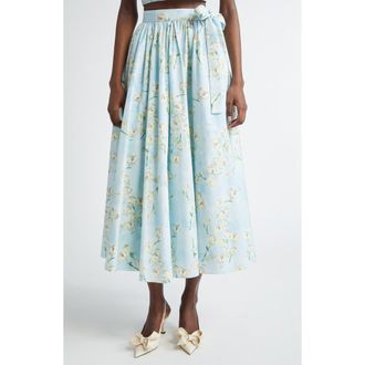 Emilia Wickstead Evelyna Floral Cotton Poplin Midi Skirt in Little Lillies On Blue at Nordstrom, Size 10 Us