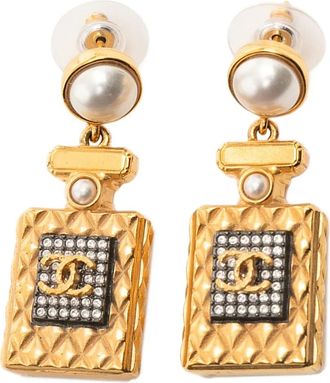 Chanel 2020 Gold Plated Faux Pearl and Strass CC Perfume Bottle Drop Earrings costume earrings