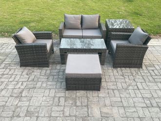 Fimous 5 Seater Outdoor Rattan Garden Furniture Set Patio Lounge Sofa Set with Coffee Table Big Footstool Side Table in Dark Grey