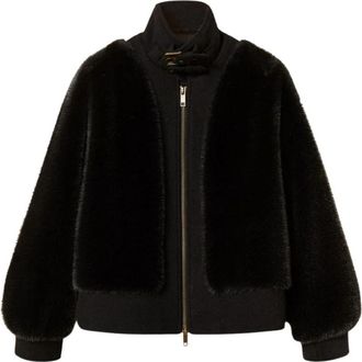 Twinset Bomberjack van imitatiebont en wolmix - Dames - Bomber jackets - Zwart - L - Wol - Jassen