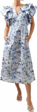 Sugarlips Francine Toile Sky Ruffle Tiered Midi Dress In Blue