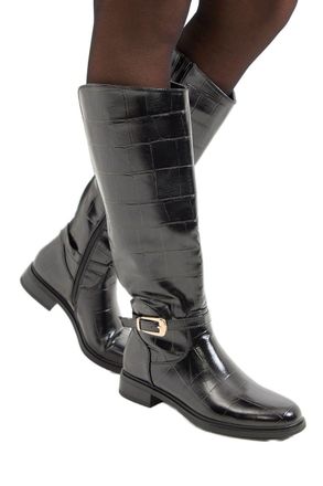 Wallis Emmy Faux Patent Large Croc Print Buckle Detail Knee High Riding Boots, 5, True Black