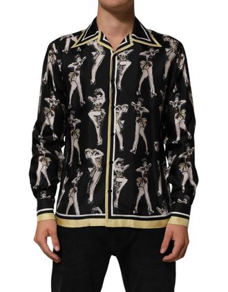 Dolce & Gabbana Mens Black Silk Pin Up Printed Button Down Shirt