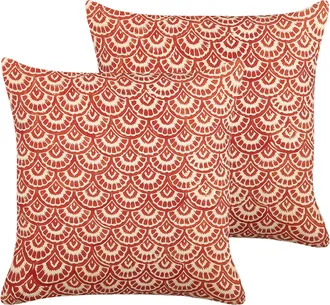 Beliani Beliani - Conjunto De 2 Cojines De Algod&oacute;n Rojo Blanco Crema 45 X 45 Cm Geom&eacute;trico Rhus