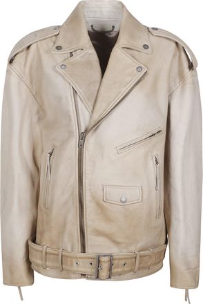 Golden Goose Beige Buckled Belt Leather Leather Jacket