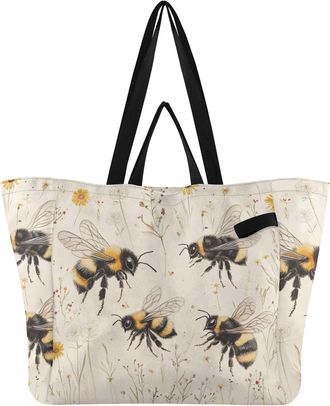 Generic Floral Beige Bee pattern Reusable Canvas Tote Bag, Heavy Duty Grocery Shopping Bag with Hard Bottom Large Capacity Double Handles Work Groceries Trave