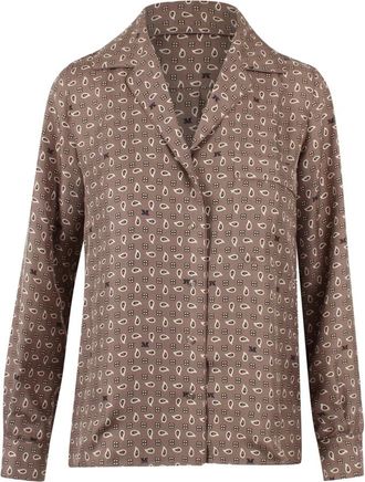 Max Mara Shis Gedrukte zijden semi-getailleerde blouse - Dames - Overhemden - Beige - S - Leer - Overhemden