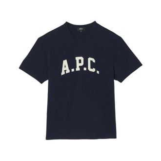A.P.C. T-Shirts, male, Blue, S, Blue Cotton Logo Print Crew Neck