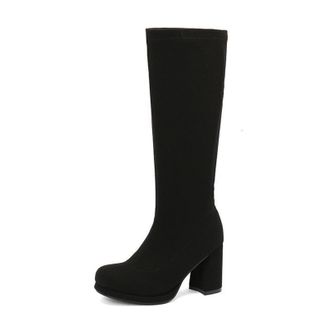 Generic Womens Block High Heel Platform Long Boots Round Toe Knee High Boots Pull on Casual Boot,Black,2.5 UK