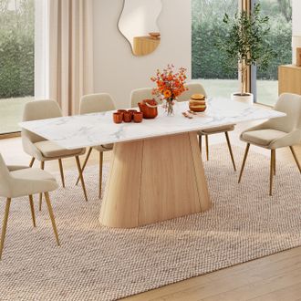 IDMarket Mesa De Comedor Rectangular Extensible Rhonda 6-10 Personas Alaska Tablero De M&aacute;rmol Blanco Y Acabado En Madera De Haya 160-200