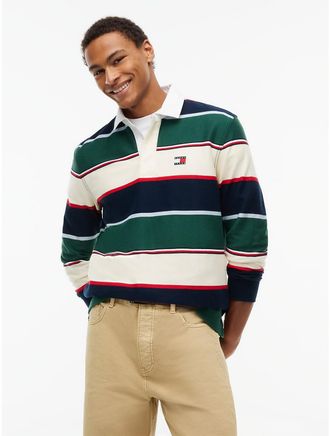 Tommy Hilfiger Mens Tommy Jeans Relaxed Striped Rugby Polo - Velvet Green - XL
