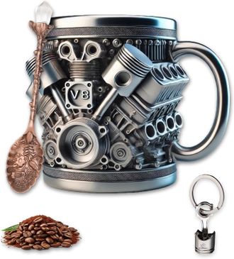 OEM Taza De Acero Inoxidable V8 Motors - Taza De Caf&eacute; De Acero Inoxidable - Dise&ntilde;o De Motor 3d - Retro - Incluye 1 Cuchara De Hoja Y 1 Llavero - Ideal Par