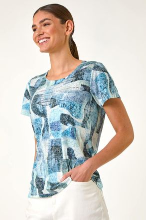 Roman Abstract Leaf Print Diamante Tee