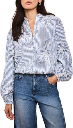 Mint Velvet Striped Embroidered Floral Blouse in Blue at Nordstrom, Size Medium
