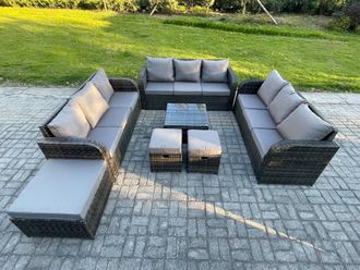 Fimous 12 Seater Rattan Outdoor Furniture Set Patio Garden Sofa Set with Square Coffee Table 3 Seater Sofa 3 Footstools in Dark Grey