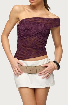 Edikted Asymmetric One-Shoulder Sheer Top in Purple at Nordstrom, Size X-Large