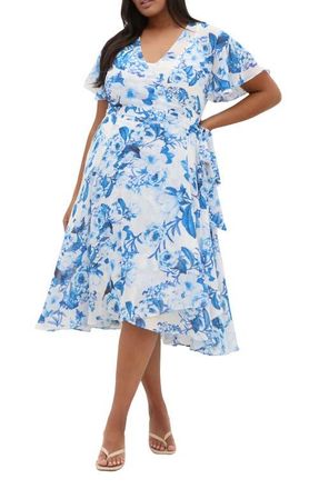 City Chic Floral Print Wrap Dress in Bluebell at Nordstrom, Size Xxxs