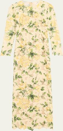 Oscar De La Renta Long-Sleeve Printed Garden Rose Guipure Maxi Dress