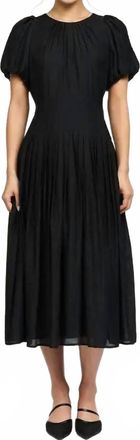 Current Air Puff Sleeve Pleated Midi Dress In Black