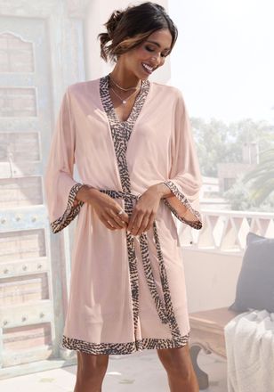 Lascana Kimono LASCANA, Damen, Gr. 32/34, rosa (rosa anthrazit gemustert), Obermaterial: 100% Viskose, Kurzform, Hausm&auml;ntel Kimono, mit gemusterter Kontrastbl