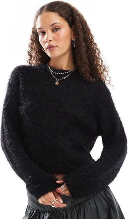Noisy May crew neck fuzzy knit sweater in black