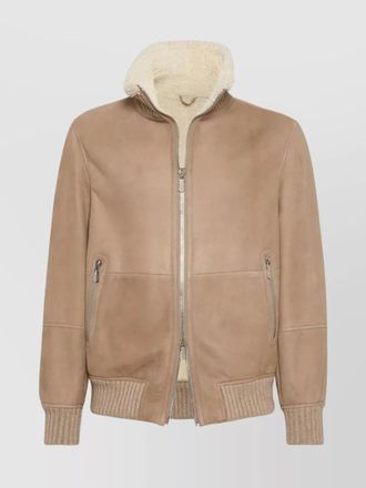Brunello Cucinelli shearling collar suede jacket with ribbed hem