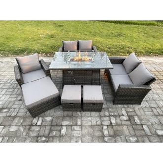 Fimous 8 Seater Rattan Outdoor Garden Furniture Gas Fire Pit Table Sets Gas Heater with Love Sofa Armchair 3 Footstools Dark Mixed Grey - Fimous