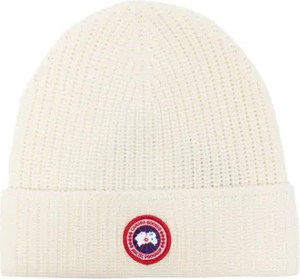 Canada Goose logo-patch ribbed-knit beanie - unisex - Wool - One Size - White