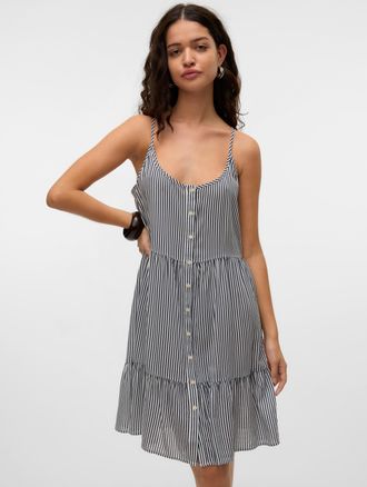 Vero Moda Tr&auml;gerkleid VERO MODA VMBUMPY SHORT SINGLET DRESS WVN GA NOOS, Damen, Gr. S, N-Gr, weiss (india ink stripes:snow wei&szlig;), Web, Obermaterial: 100% Viskos