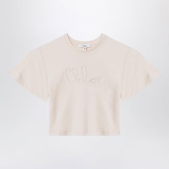 Chlo&eacute; Light pink cropped T-shirt with logo embroidery