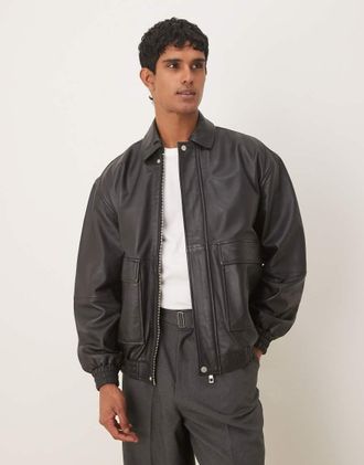 Asos Giacca bomber oversize in pelle nera-Nero