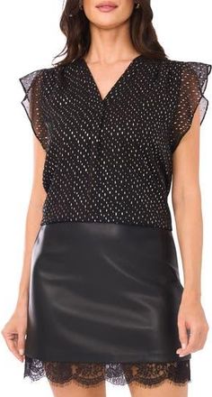 Vince Camuto Metallic Dot Ruffle Sleeve Chiffon Top in Rich Black at Nordstrom Rack, Size Small