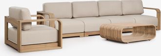 Sklum Conjunto De Jard&iacute;n Con Sof&aacute; Modular De 4 Piezas Con Reposabrazos, Sill&oacute;n Y Mesa De Centro En Madera De Acacia Brivori Sklum