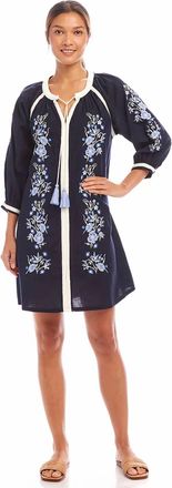 Karen Kane Basilia Blouson Sleeve Embroidered Mini Peasant Dress In Navy