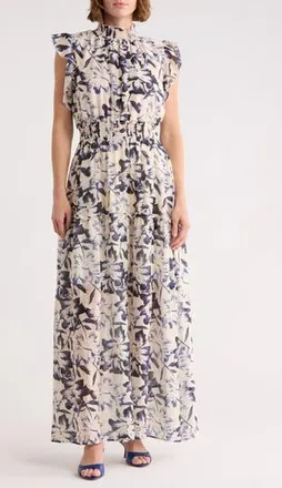 Melloday Floral Flutter Sleeve Maxi Dress in Bone Navy Print at Nordstrom Rack, Size X-Small