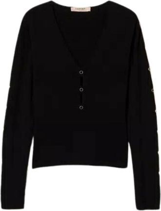 Twinset Long Sleeve Tops, female, Black, Size: XS Black Sweater with Studs and V-Neck
