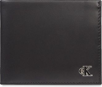 Calvin Klein Mens Monogram Logo Plaque Leather Bifold Wallet - Black