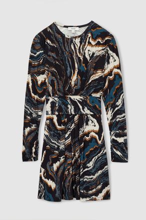 Reiss Womens Black & Blue Abstract Print Tie-Waist Mini Dress, Size: L
