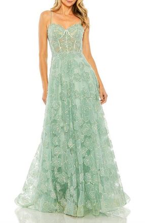 Mac Duggal Embroidered Sweetheart Floral Corset A Line Gown in Mint at Nordstrom, Size 10