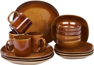 Beliani Beliani - Conjunto De 16 Piezas De Gres Marr&oacute;n Dorado 4 Personas Esmalte Reactivo Turmeric