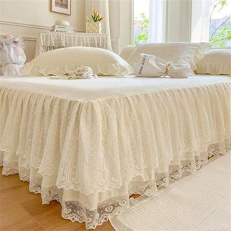 OEM Fald&oacute;n De Cama Liso, Dise&ntilde;o Con Ribete De Encaje Blanco, S&aacute;bana Con Borde Fruncido, Funda De Colch&oacute;n Gruesa (blanco Roto, 180x200cm)